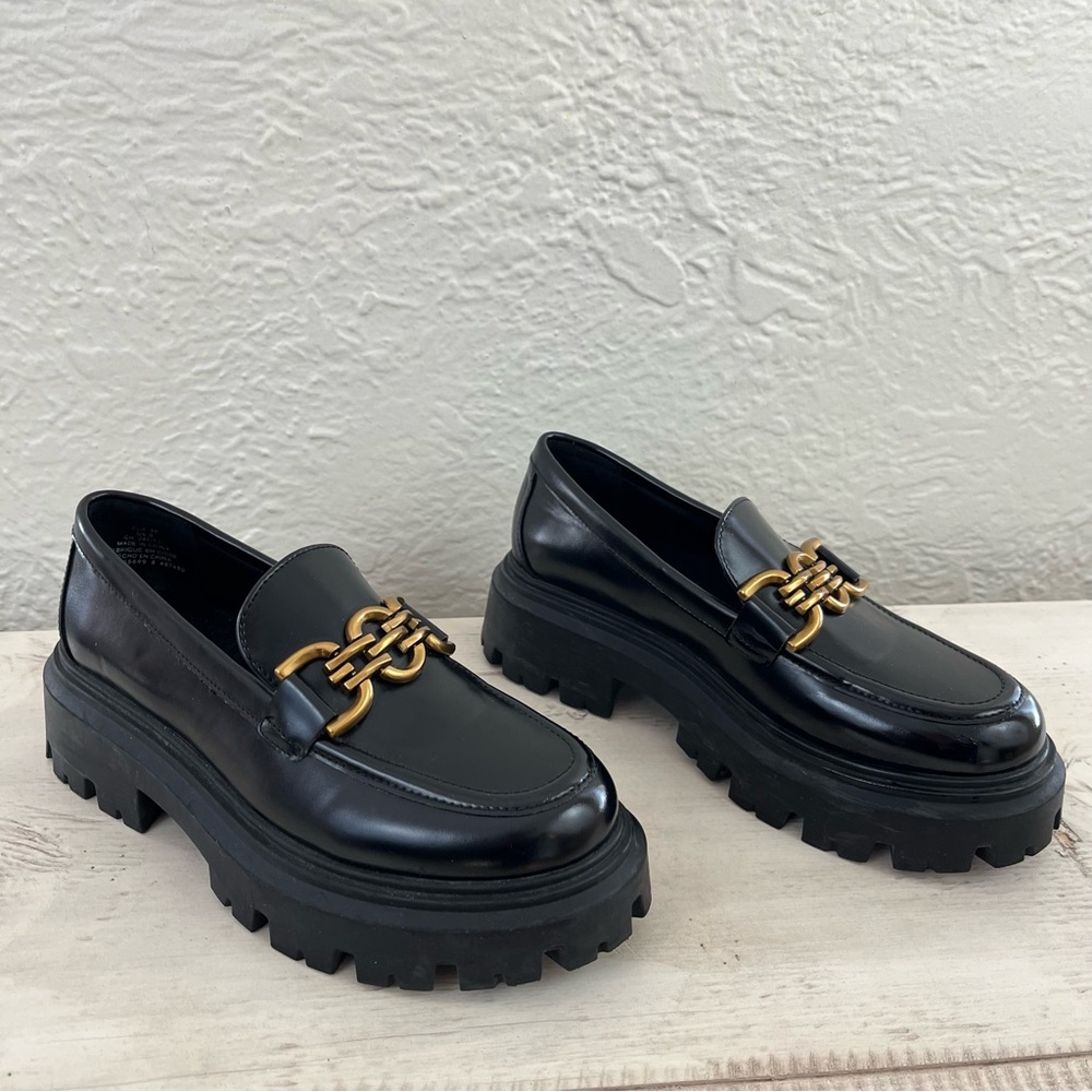 Black Chunky Faux Leather Loafers with Gold Chain Detail